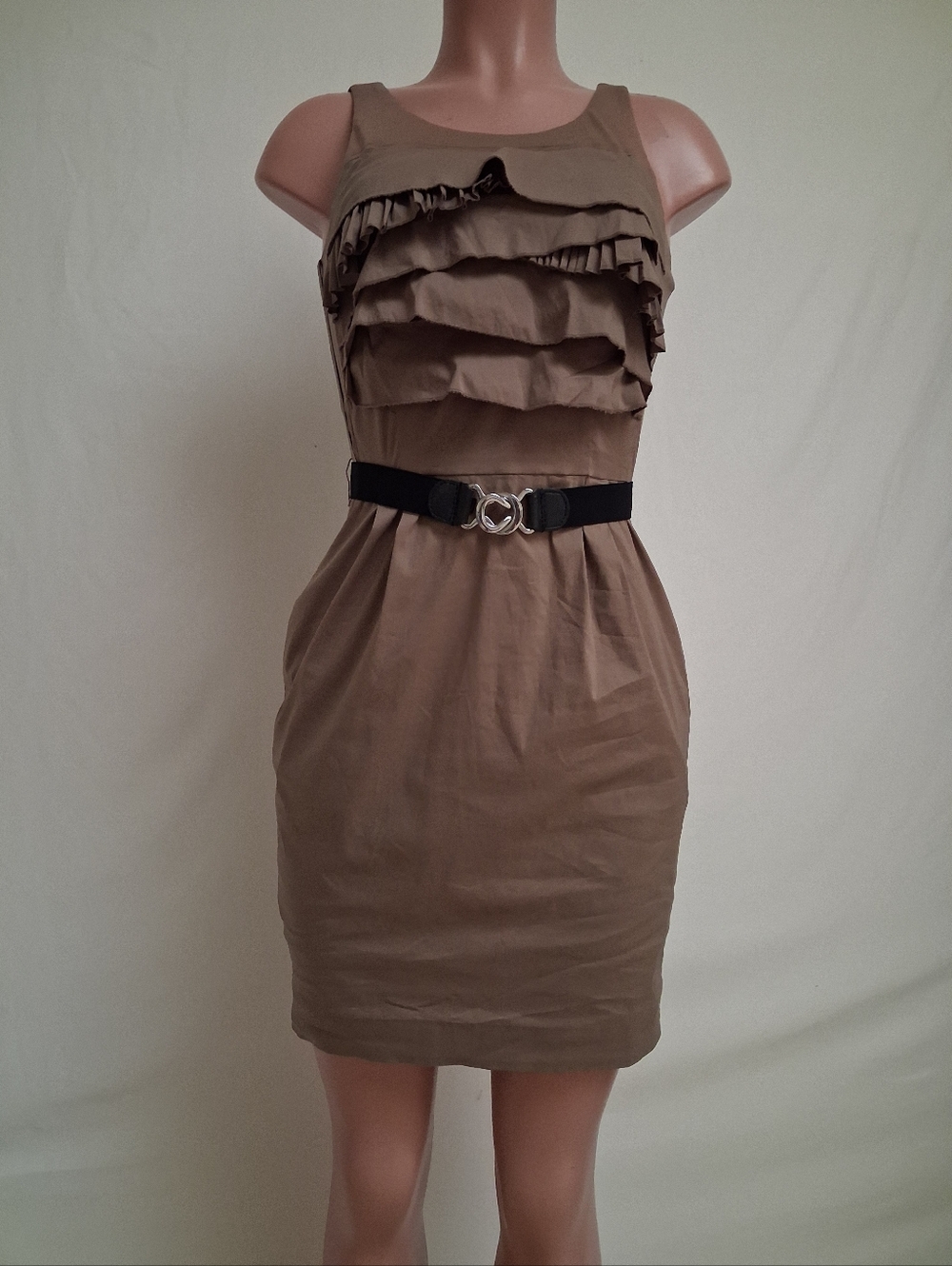 BCBGMaxAzria Taupe Ruffle Tiered Mini Dress Size 4